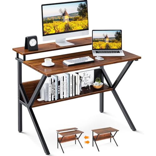 ODK 27.5 Inch Small Desk with Storage & Monitor Stand, Deep Brown
