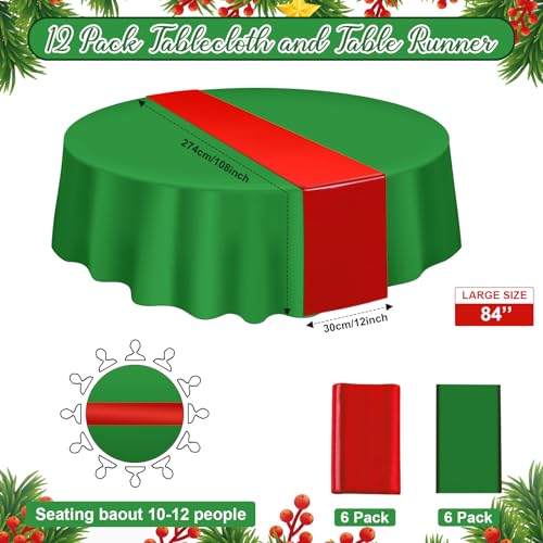MASHAN 12 Pack Green Red Satin Table Runners & 84-Inch Plastic Christmas Tablecloths Set