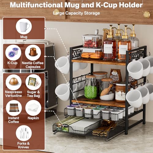 Coffee Station Organizer with Mug Hooks and 4-Tier Pod Storage - Countertop Coffee Bar