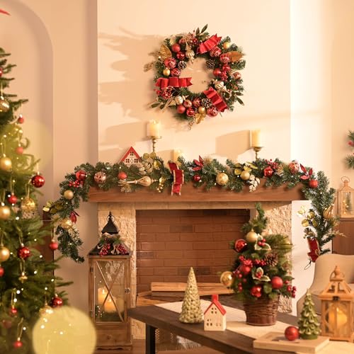 Valery Madelyn 9ft Pre-Lit Christmas Garland with Red and Gold Balls & Bow - Indoor & Outdoor Decor