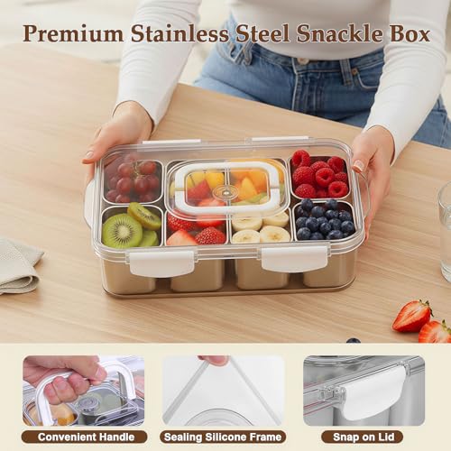 ANYPROLUS Silver Insulated Snackle Box with Ice Pack, 8 Compartments, Portable Food Storage