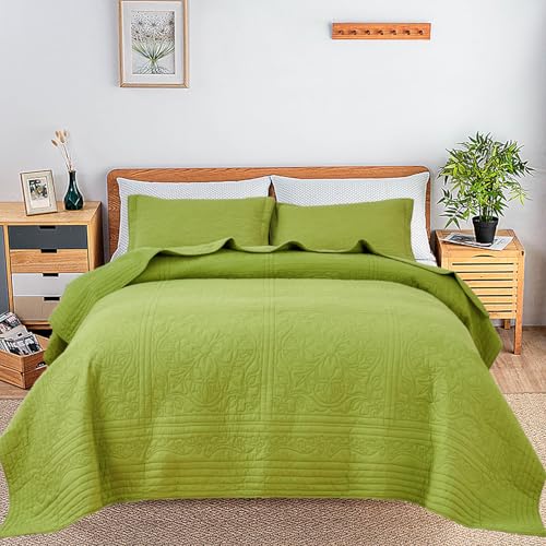 Olive Green 100% Cotton Quilt Set King Size 106x98 with 2 Shams
