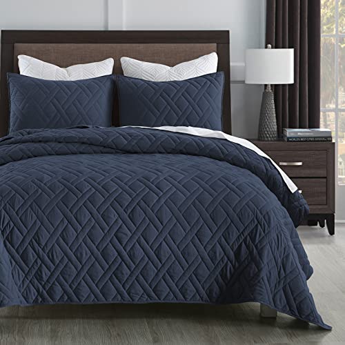 Dark Navy Blue King Quilt Set with Pillow Shams - Geometric Diamond Pattern, Ultra Soft All-Season Bedspread, 3 Pieces