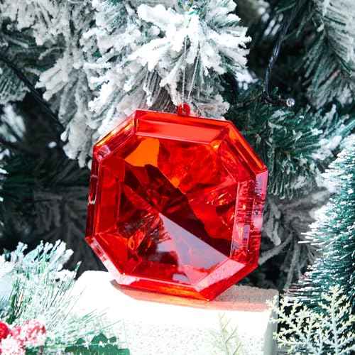 Syhood 5.1 Inch Jewel Ornament Glitter Jewel Ornaments for Christmas Tree Acrylic Large Christmas Tree Hanging Decorations for Xmas Wedding Holiday Party Decor(Red, Square)