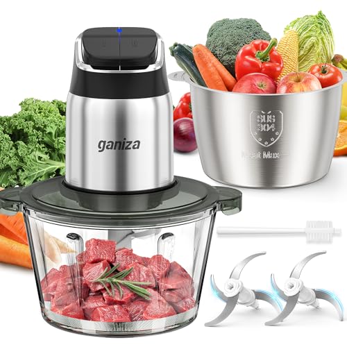 Ganiza Food Processor with Dual Bowls - 2-Speed Meat & Vegetable Chopper - Silver