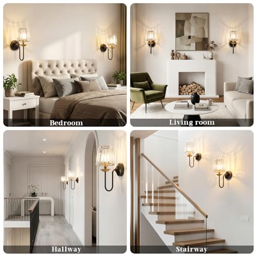 KernLite Black and Gold Wireless Dimmable Wall Sconces Set of 2 with Remote, RGB & CCT Adjustable, Crystal Decor for Bedroom & Living Room