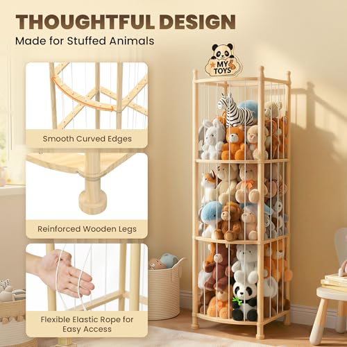 Kids Wooden Stuffed Animal Storage Organizer with Elastic Cords - Toy Zoo Tower