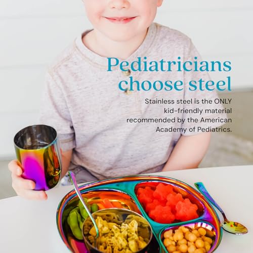 Rainbow Kids Stainless Steel Dinnerware Set - 5-Piece Toddler Plate Bowl Cup Fork Spoon - Safe Non-Toxic for Ages 1-5 (Variation: Rainbow / 5 Piece Set)