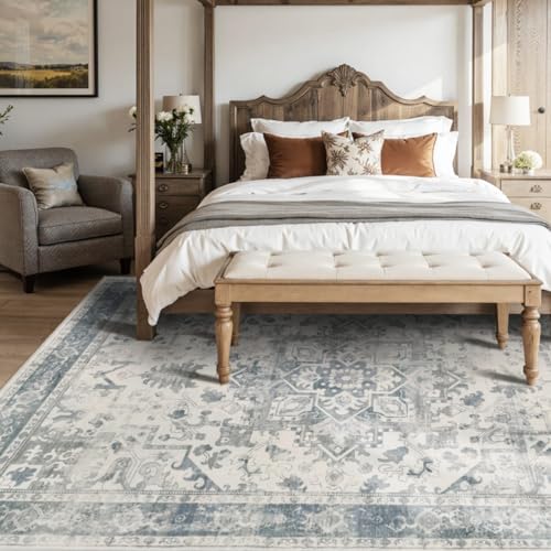 Rugxara 6x9 Blue Grey Washable Area Rug - Boho Vintage Style, Non-Slip Backing, Low-Pile, for Living Room & Bedroom - Rectangle