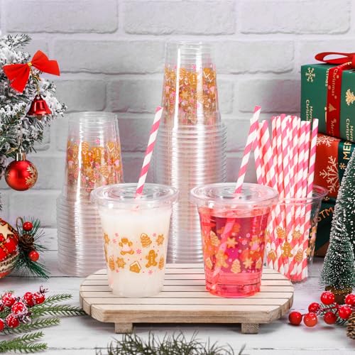 50 Pack Christmas Disposable Plastic Cups with Lids & Straws - Pink Gingerbread Theme, 12oz Party Supplies