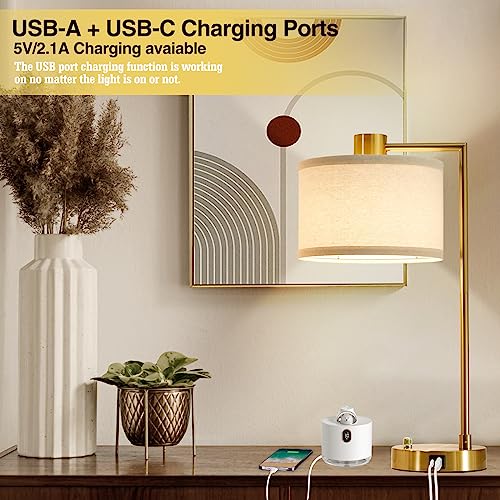 Gold Dimmable Table Lamp Set of 2 with USB-C & A Charging, Bedside Nightstand Lamps