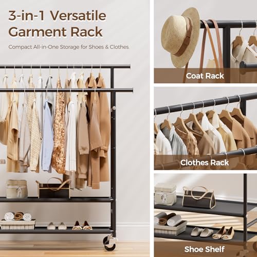 HYSEYY Black Large Double Rod Clothes Rack with 2-Tier Shelves & Wheels