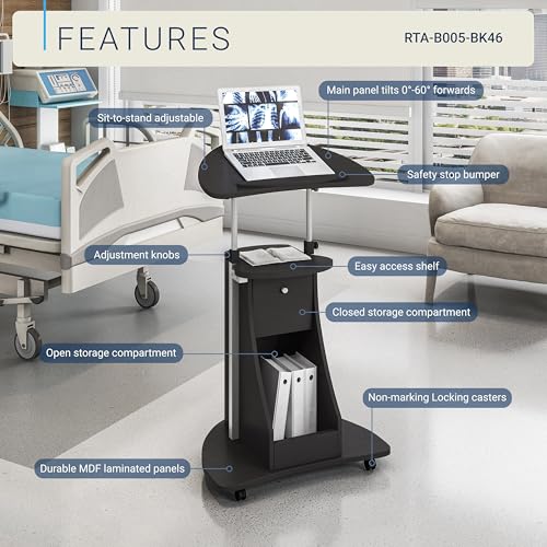 Black Adjustable Height Rolling Laptop Cart with Storage and Locking Casters
