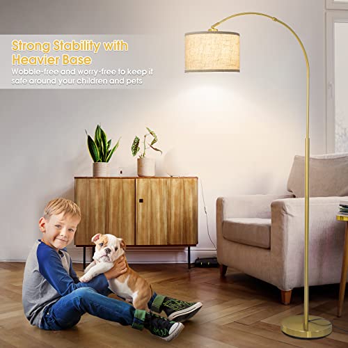 Gold Arc Floor Lamp for Living Room with Adjustable Drum Shade - Modern Tall Standing Light with Foot Switch