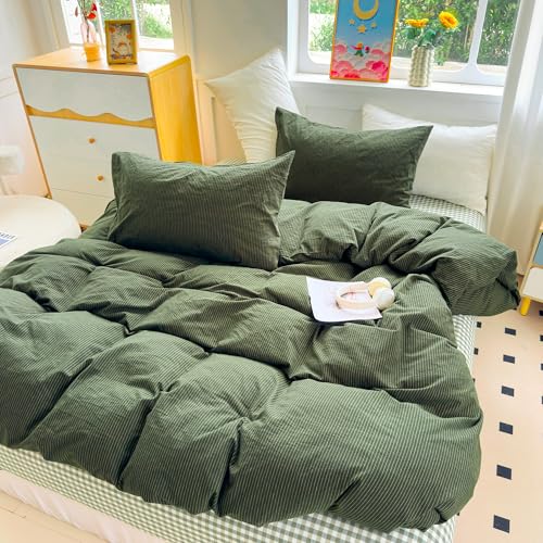 PinkMemory Green Striped Duvet Cover Set Queen Full 3pcs Olive Green Cotton
