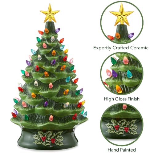 Casafield Hand Painted Ceramic Christmas Tree - Green 24-Inch Pre-Lit Holiday Decor with 148 Multi-Color Lights & 2 Star Toppers