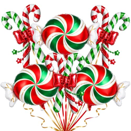 OIWLCI 6pcs Christmas Candy Balloons Kit – Candy & Candy Cane Foil Balloons with Ribbons