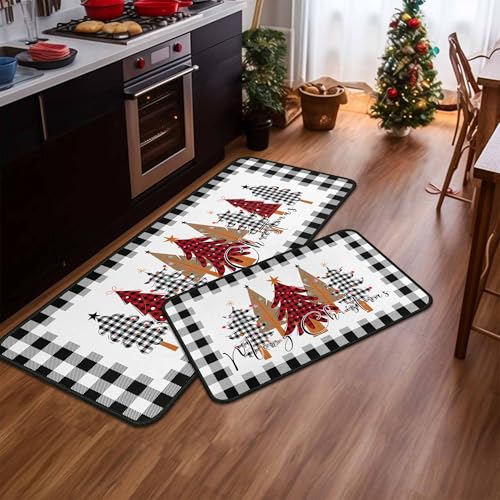White Buffalo Plaid Xmas Kitchen Rugs Set of 2 – 17x47 and 17x30, Non-Slip Mats