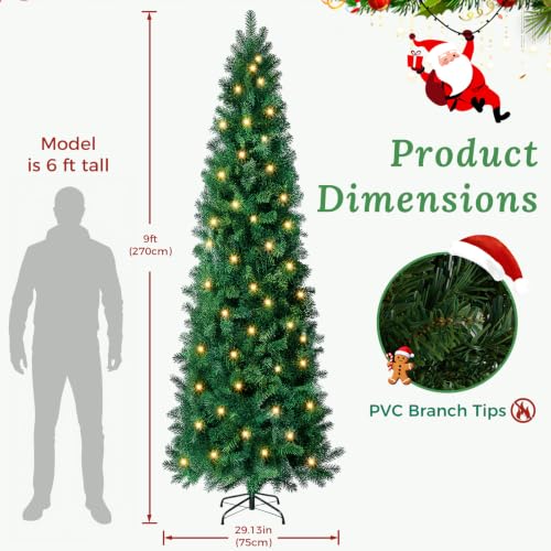 9 ft Pre-Lit Pencil Christmas Tree, Slim Artificial Green