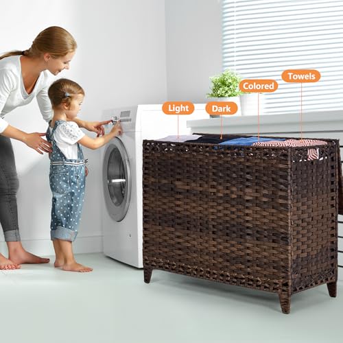 Brown Laundry Hamper with 4 Removable Liner Bags & Lid, 176L Capacity
