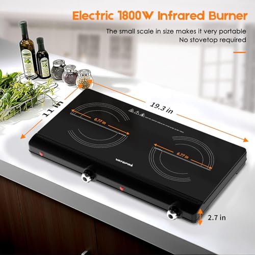 Infrared Double Burner Electric Cooktop 20x12x3.8inch, 1800W Portable Stove for Dorm & Kitchen