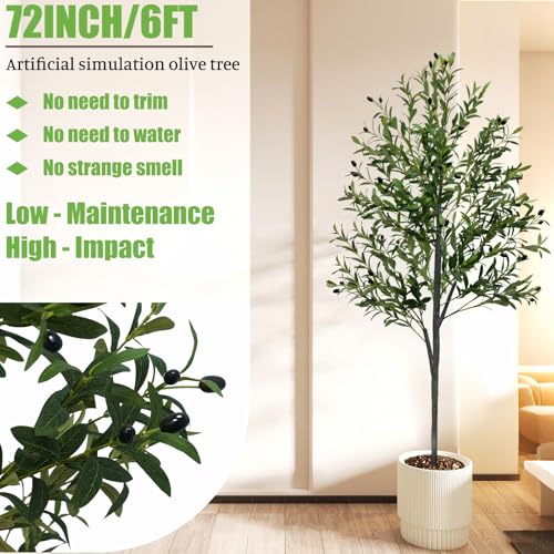 YYTDDUUU 6FT Tall Artificial Olive Tree with Fruits - Faux Potted Plant for Indoor & Outdoor Decor