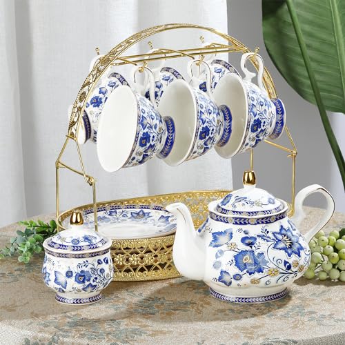 Fanquare Blue Vine Porcelain Tea Set for 6 with Teapot & Gold Rack, British Style