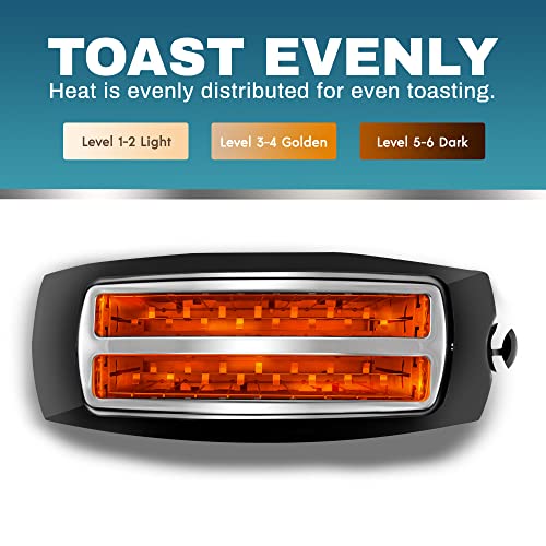 Elite Gourmet 4-Slice Long Slot Toaster - Black, Extra-Wide Slots, 6 Toast Settings