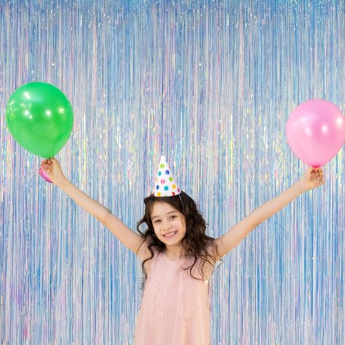 Melsan Iridescent Foil Fringe Backdrops Party Decorations - 3.2 x 6.5 ft Metallic Tinsel Photo Backdrop Curtains for Mermaid Unicorn Birthdays Parties - Iridescent 2 Packs