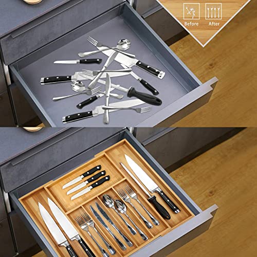 VaeFae Bamboo Drawer Organizer Large Natural - Expandable Silverware & Utensil Storage