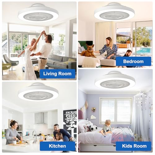 White 19-Inch Bladeless Ceiling Fan with Light and Remote Control - Flush Mount Low Profile LED Fan for Bedroom