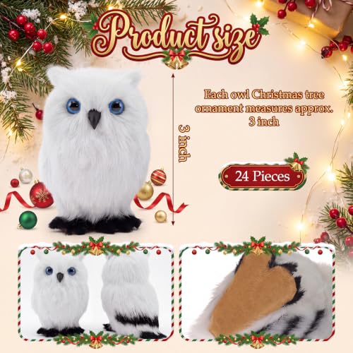 Sratte 24-Pack Christmas Owl Ornaments White and Brown Furry Decorations