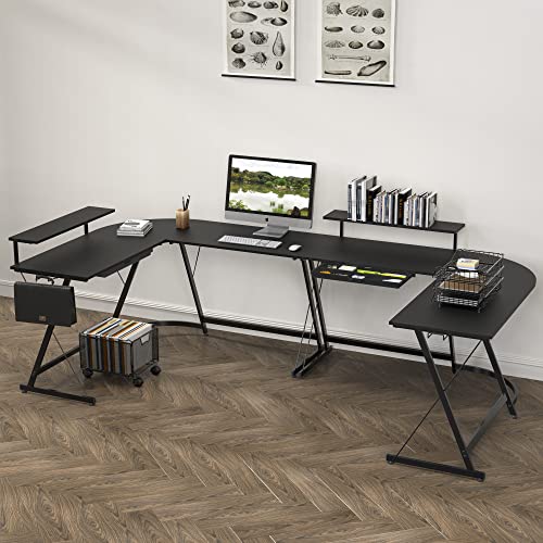 SHW Black 51x51 L-Shaped Corner Desk with Monitor Stand & Drawer