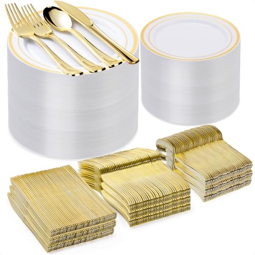Gold Plastic Dinnerware Set for 100 Guests - 600 Pcs Party Plates & Utensils