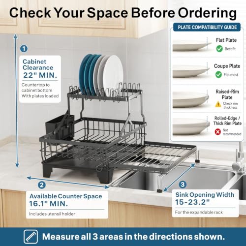 GSlife 2-Tier Expandable Dish Drying Rack for Sink & Counter - Black