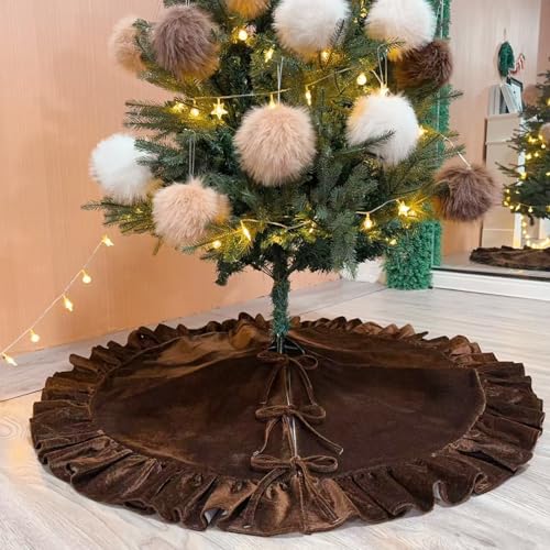 Amidaky Brown Ruffled Velvet Christmas Tree Skirt 48 Inch Holiday Decoration