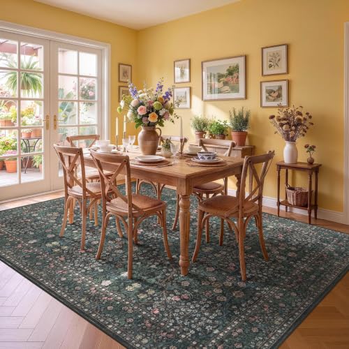 8x10 Dark Green Floral Area Rug - Washable Living Room Carpet