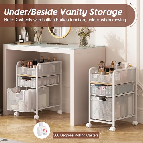 Hongtamoya White Narrow Rolling Makeup Cart with 2 Drawers - Under Desk Organizer