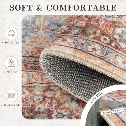 8x10 Rust Clay Area Rug - Washable Vintage Boho Non-Slip Low Pile Carpet