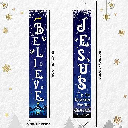 Tiamon Christmas Front Porch Banners Winter Religious Nativity Scene Sign Holiday Hanging Banner Xmas Decoration for Front Door Believe Jesus Is the Reason for the Season 12 x 71 Inch (Snowflake)