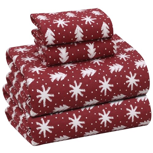 RUVANTI 100% Cotton Flannel Sheets Queen 4-Piece Set, Red Christmas