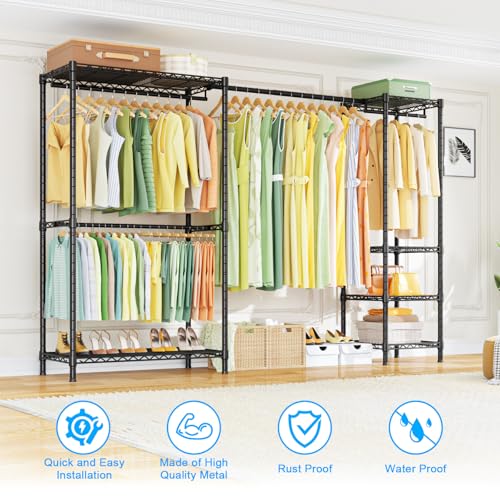 Heavy Duty Clothes Rack with Stretchable Hanger Rod - Black, Adjustable Freestanding Garment Storage System