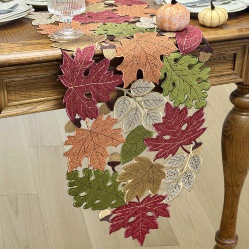 KEVA 13x72 Inch Fall Table Runner with Harvest Maple Leaves Embroidery
