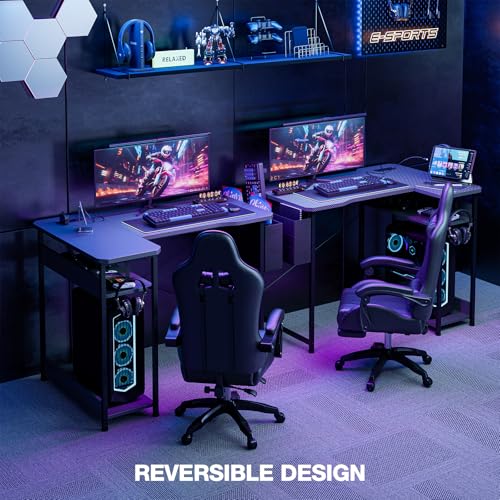 Acrolix 40-Inch L-Shaped Gaming Desk with Power Outlets - Reversible Shelves, Black Carbon