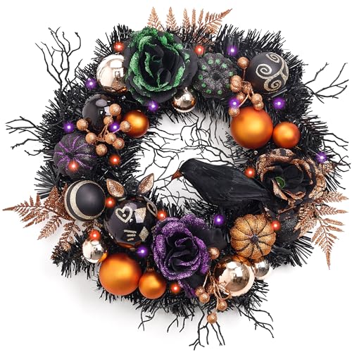 Valery Madelyn 18-Inch Halloween Wreath with Lights and Timer - Front Door Decor