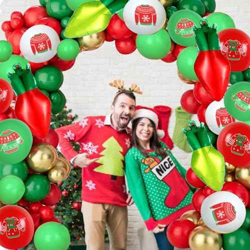 Christmas Ugly Sweater Party Decorations 114 Pcs Ugly Sweater theme Balloons Garland Arch Kit for Let's Get Ugly Party Christmas Ugly Sweater Theme Party Decorations