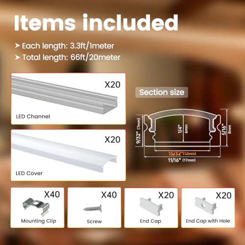 20 Pack Silver LED Strip Channel with Milky Diffuser - 3.3FT for Indoor Outdoor Lighting