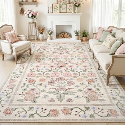Floral Pink 8x10 Area Rug for Living Room & Bedroom Non-Slip Carpet with Rubber Backing