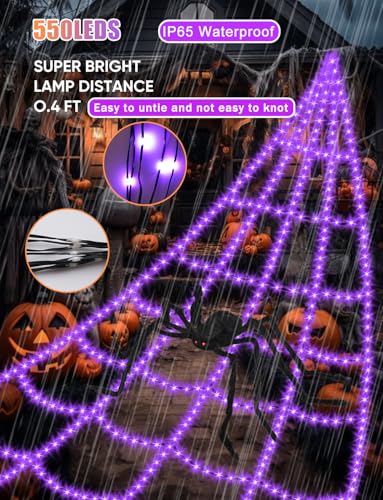 Purple Outdoor Spider Web Lights 16.4FT with Spider, 550 LEDs, Waterproof, 8 Modes for Halloween Decoration