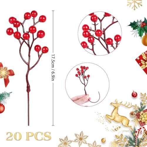 DIYASY Artificial Red Berry Stems,20 Pcs Christmas Tree Picks and Spray for Xmas Ornaments DIY Wreath Holiday Home Decoration